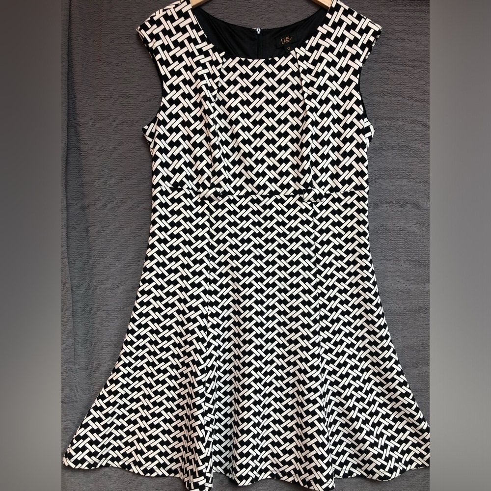 ILE, New York, 12 black and white dress with basket weave pattern, flirty hem